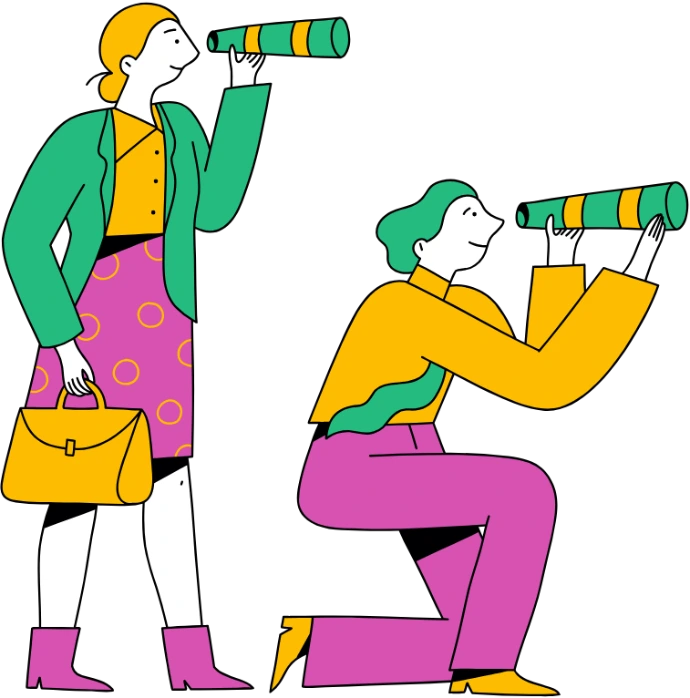 Colourful illustration of two women looking through telescopes, representing exploration, discovery and new perspectives.