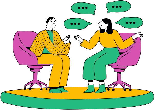Colourful illustration of two women sitting opposite each other in conversation, with speech bubbles representing dialogue and shared understanding.